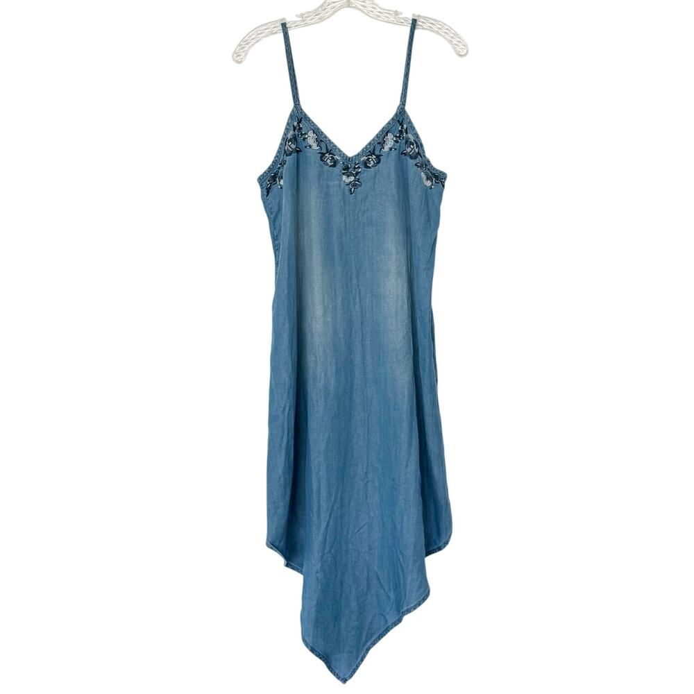 Chambray Denim Tank Midi Dress Floral Embroidery Relaxed Handkerchief Hem Sz XS